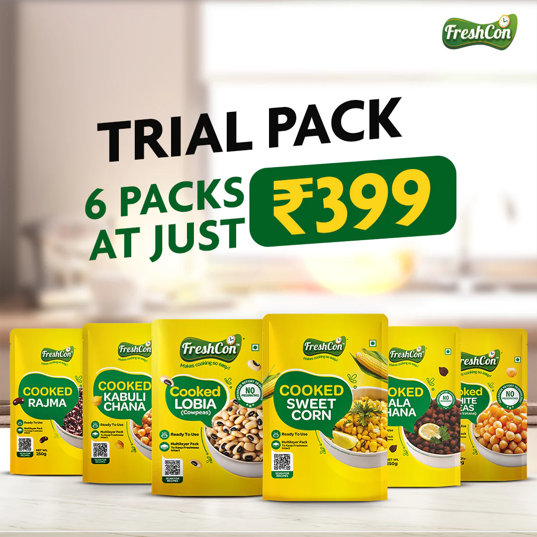 Trial Pack – Pre-Cooked Kabuli Chana, Rajma, Kala Chana, White Peas, Lobia & Boiled Corn | Ready-to-Use | Preservative Free