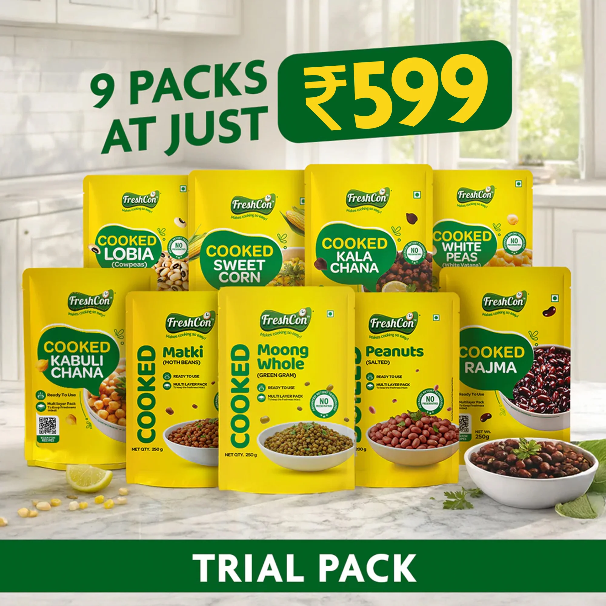 Trial Pack – Pre-Cooked Kabuli Chana, Rajma, Kala Chana, White Peas, Lobia & Boiled Corn | Ready-to-Use | Preservative Free - Image 2